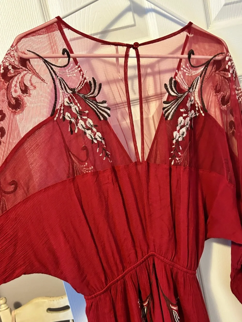 Free People Burgundy Red Embroidered Mesh Sleeve Mini Dress - Picture 9 of 13